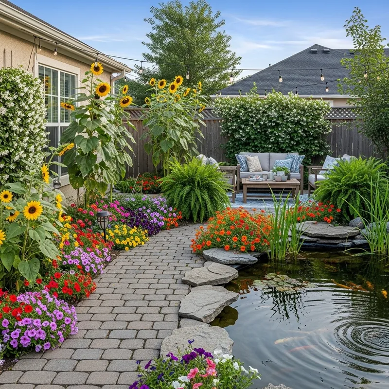 Serene Backyard Oasis with Vibrant Flowers Serene Backyard Oasis with Vibrant Flowers