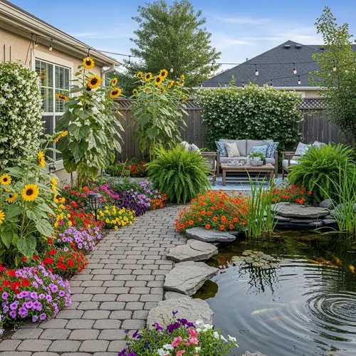 Serene Backyard Oasis with Vibrant Flowers