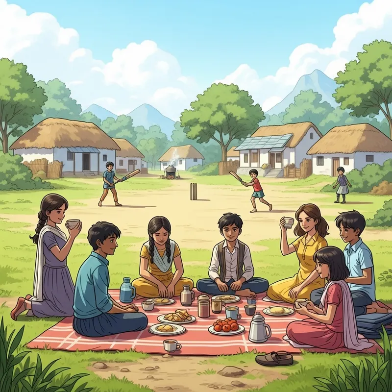 Diverse Children Playing Cricket in a Picturesque Indian Village Setting