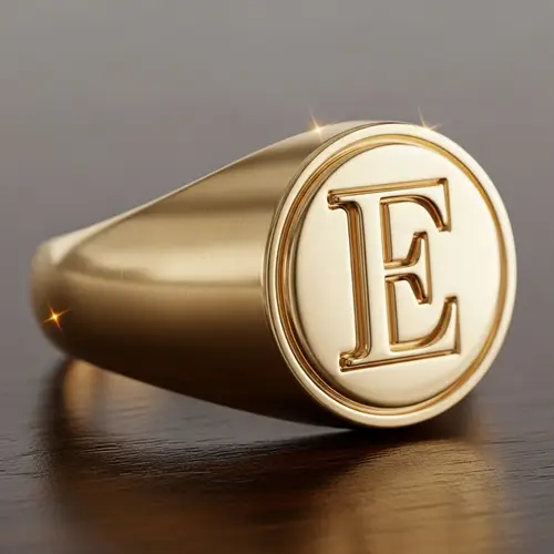 Gold Signet Ring with Letter E in Circle