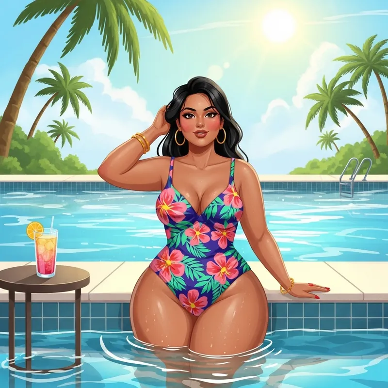 Hot Indian Voluptuous Woman in Bikini at Poolside