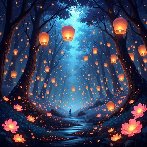 Mystical Forest of Floating Lanterns and Glowing Flowers