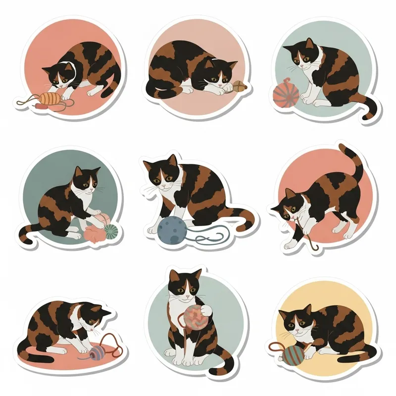 Cute Tortoiseshell Cat Stickers in Morandi Colors