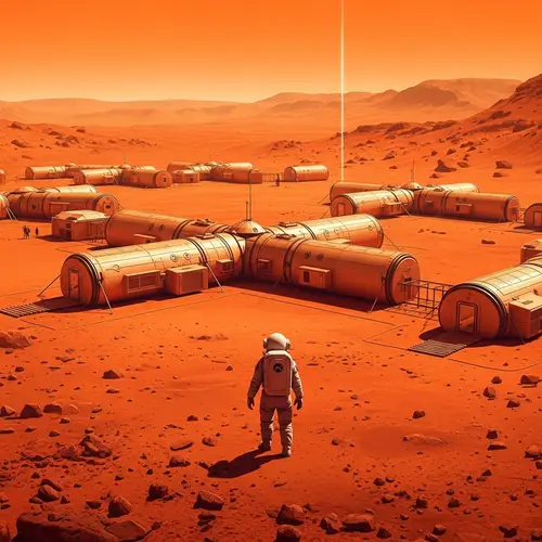 Exploring Mars Colonial Outpost in Vibrant Orange Landscape