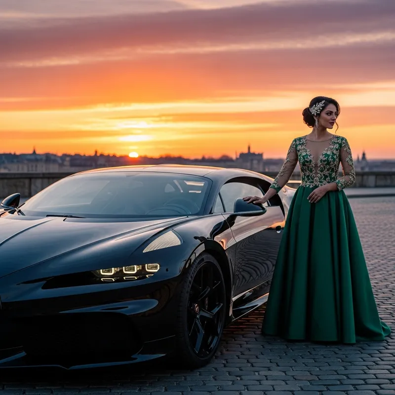 Stunning Bugatti with Elegant Woman on Sunset Street