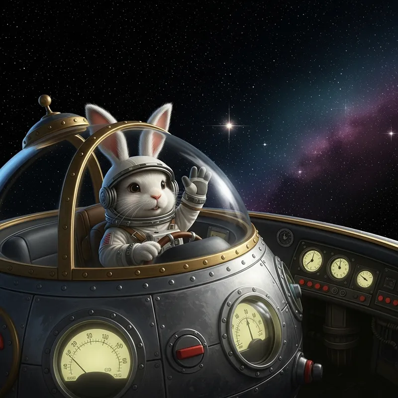 Rabbit Astronaut Greeting Stars in Deep Space