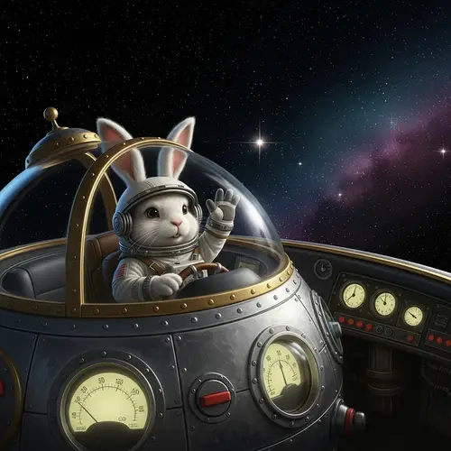 Rabbit Pilot in Spacecraft Waving at Stars