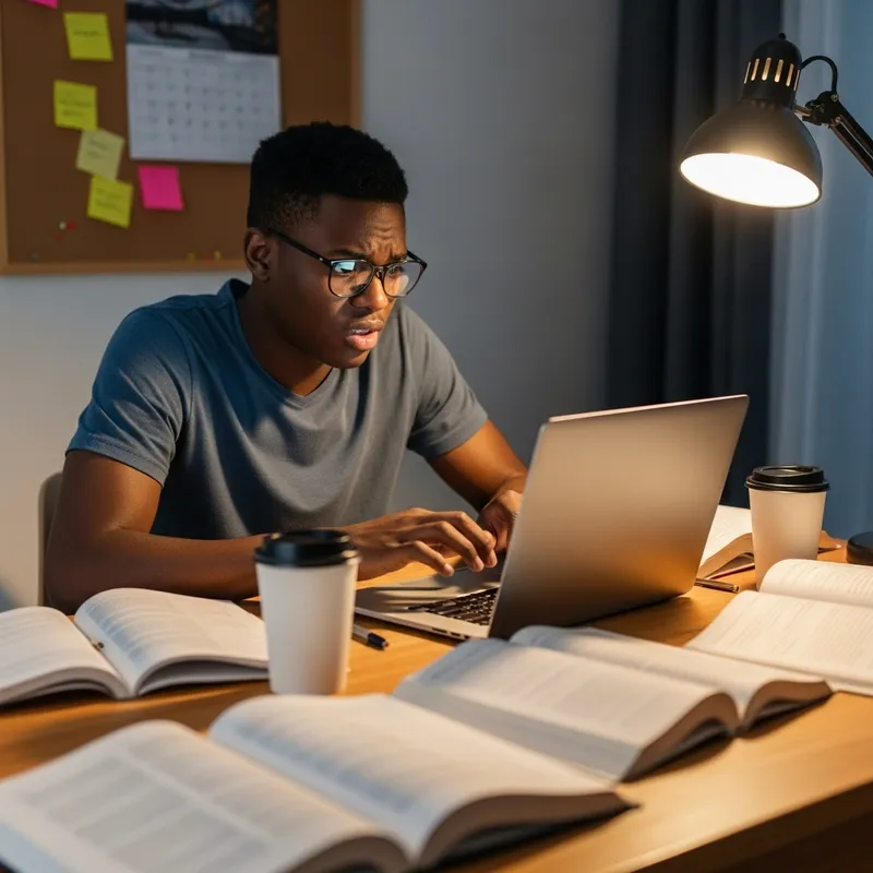 Confused Student at Desk with Laptop | Study Session Imagery
