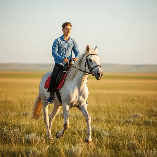 14-Year-Old Boy Riding Majestic White Horse in the Steppe