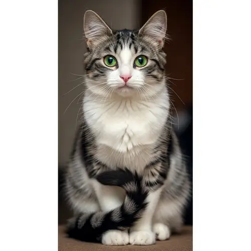 Adorable Domestic Cat with Fluffy Black, White, and Grey Fur