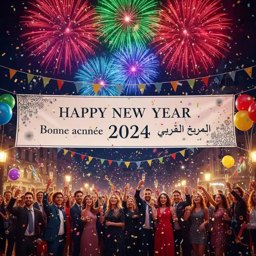 2024 New Year Celebration with Vibrant Decorations and Colorful Fireworks