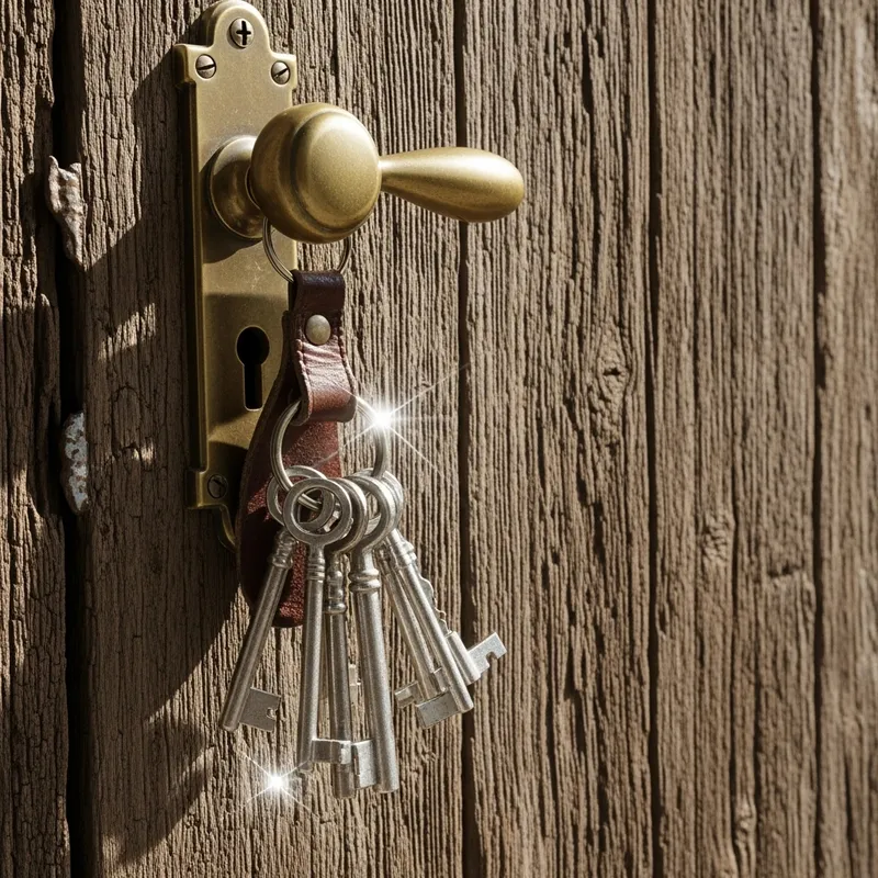 Antique Keys on Rustic Door Handle
