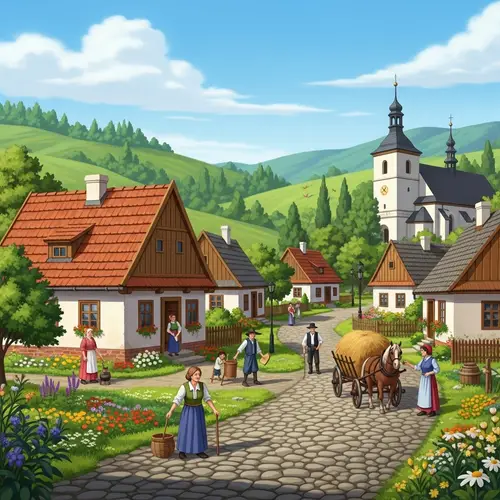 Tranquil Scene of Traditional Polish Village | Rolling Green Hills