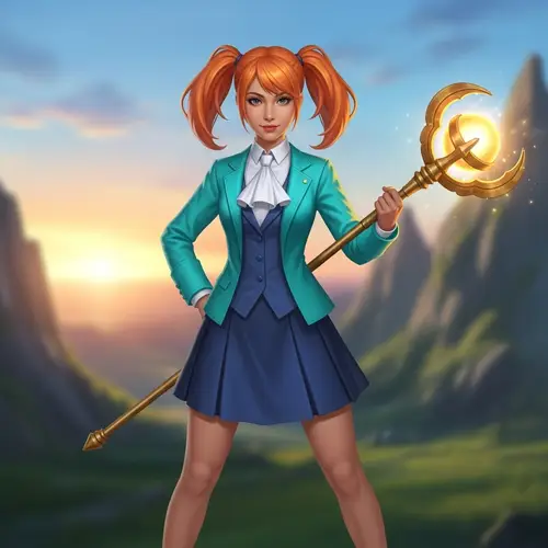 Young Woman with Orange Hair in Turquoise Suit and Golden Staff