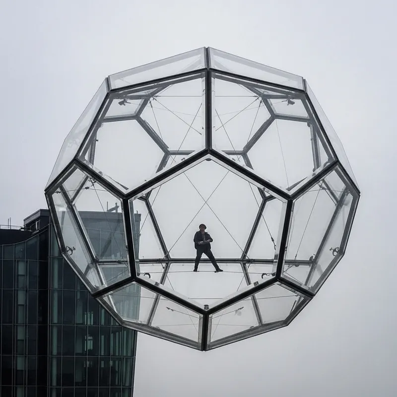 Futuristic Glass Icosahedron Installation | Symmetric Minimalistic Art