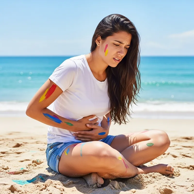 Woman in Distress on Colorful Beach - Urgency Captured