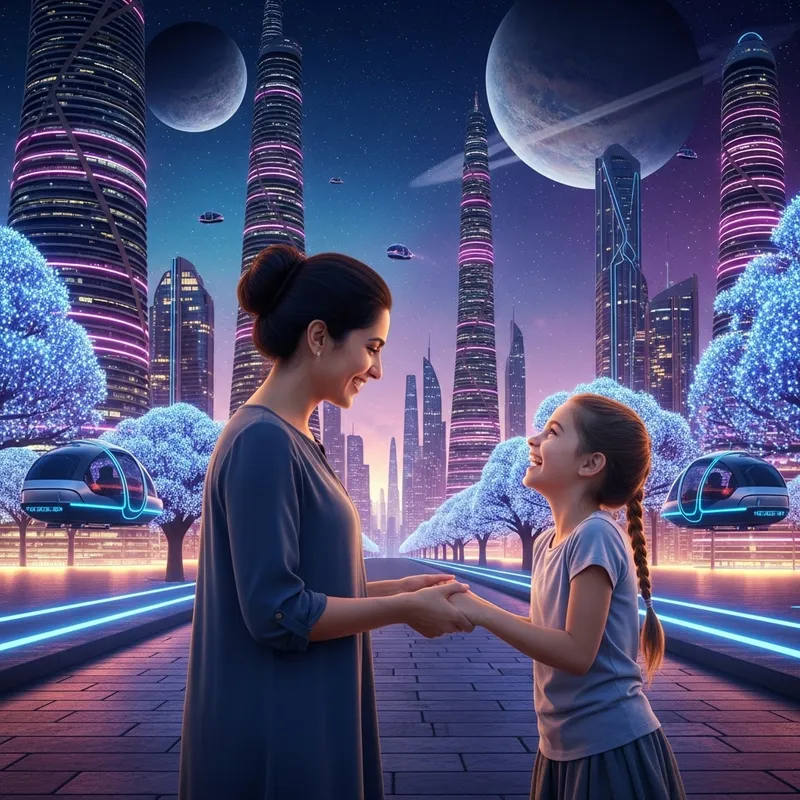 Mother and Daughter Bonding in Whimsical Futuristic Setting