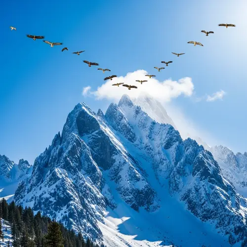 Majestic Snow-Covered Mountain and Diverse Birds in Flight