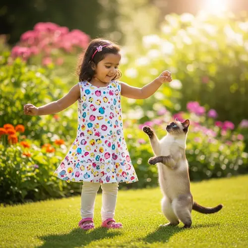Playful South Asian Girl Dancing with Siamese Cat in Sunlit Garden