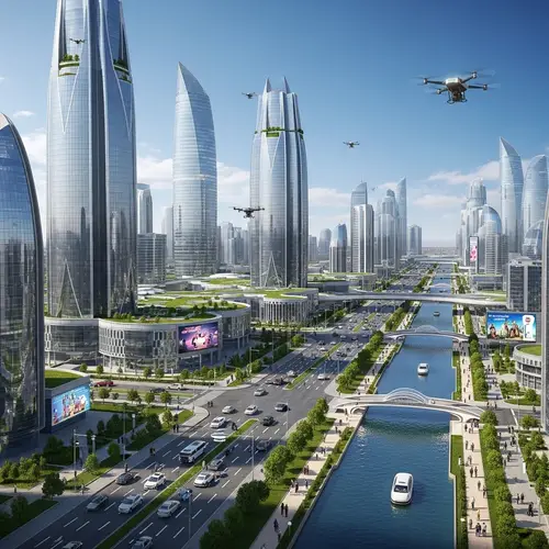 Futuristic Turkmenabat Cityscape with Skyscrapers, Technology, and Cultural Fusion