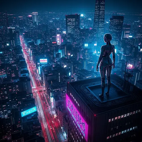 Cyberpunk Cityscape: Neon-Lit Streets and Mechanized Woman
