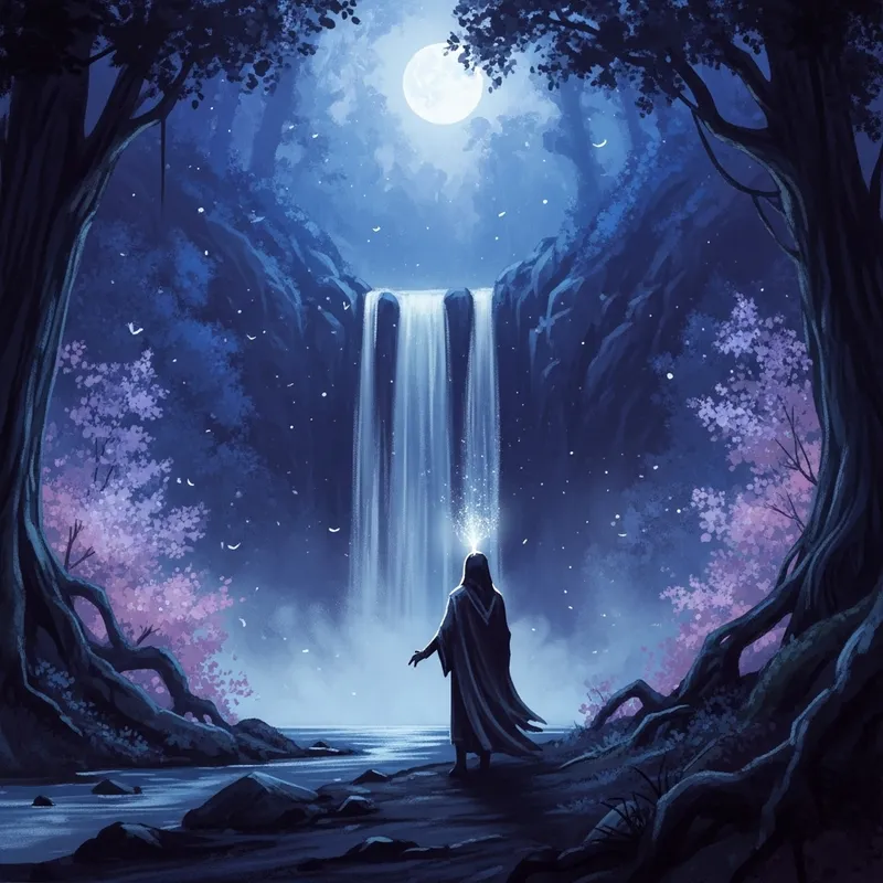 Mysterious Figure in Moonlit Forest: Capturing Ethereal Beauty Near Waterfall