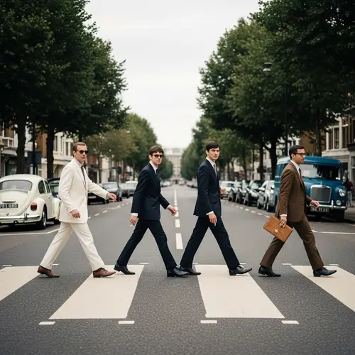 Late 1960s Fashion in City: Diverse Group Crossing Zebra Crosswalk