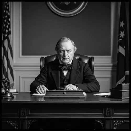 Vintage Black and White Politician Portrayal in Oval Office