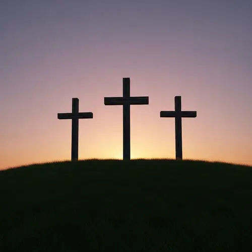 Three Crosses on Hill at Dusk - Symbolic Serenity