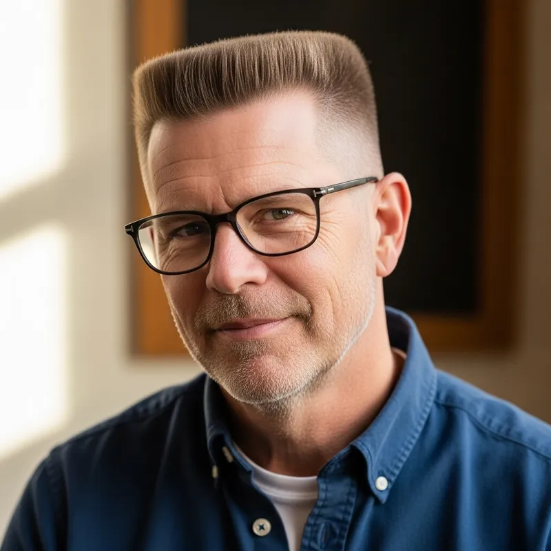 Middle-Aged Man with Flat Top Haircut and Glasses | Stylish Image