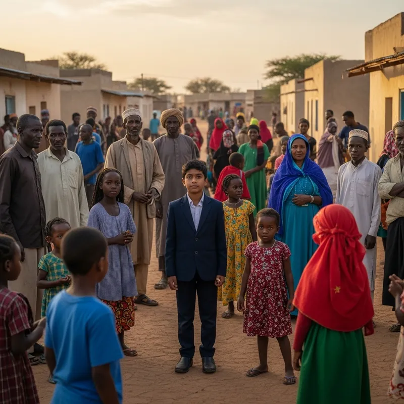Village Boy in Traditional Attire Surrounded by Community Members Village Boy in Traditional Attire Surrounded by Community Members