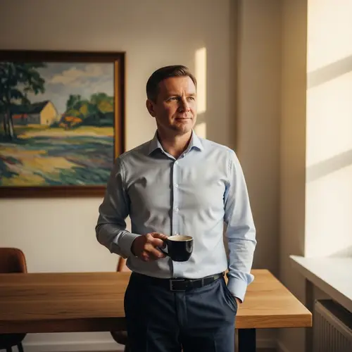 Calm Middle-Aged Man with Coffee in Well-Lit Room