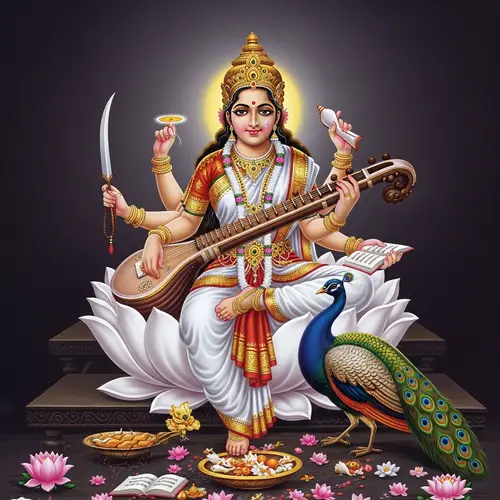 Saraswati Goddess: Divine Image in White Sari with Multi Arms