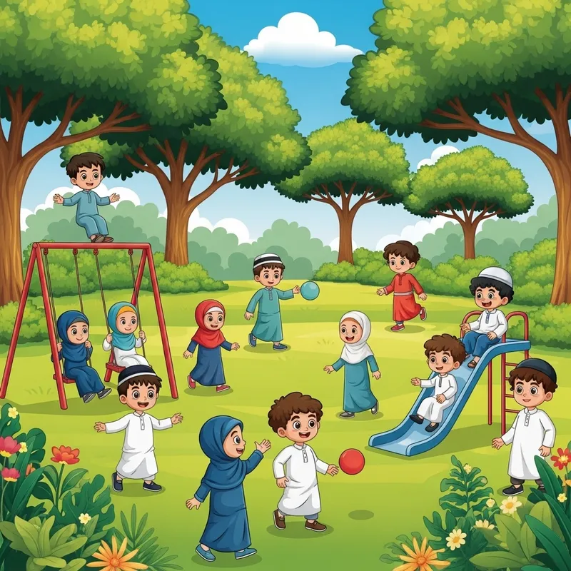 Muslim Children Enjoying Playtime in Park - Vibrant Scene