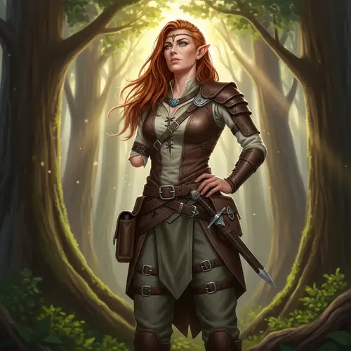 Elf Woman with Red Hair in Light Leather Outfit