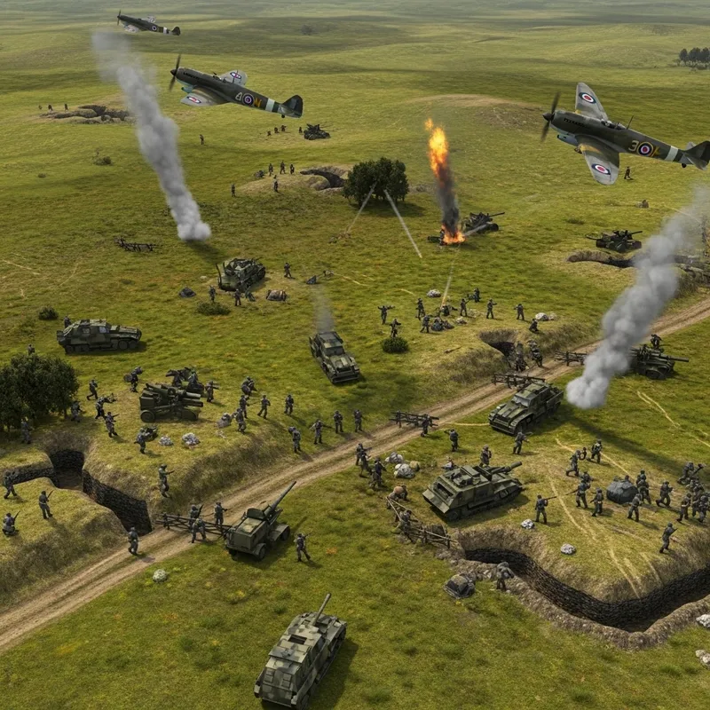 WW2 Battlefield Aerial View: Historical Combat Scene with Soldiers & Vehicles WW2 Battlefield Aerial View: Historical Combat Scene with Soldiers & Vehicles