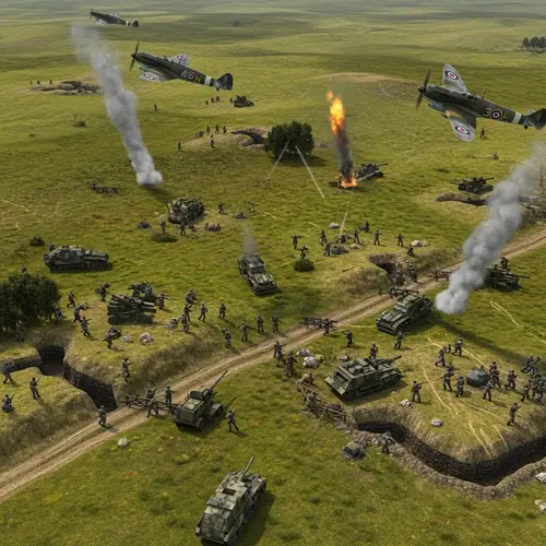 WW2 Battlefield Aerial View: Combat Scene with Soldiers and Vehicles