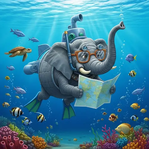 Humorous Underwater Elephant with Vision Issues