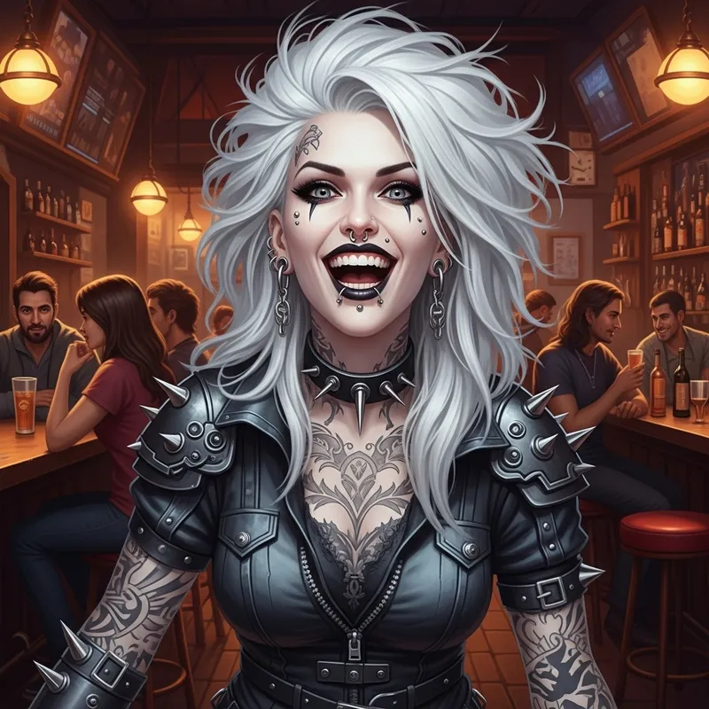 Goth-Punk Woman with White Hair, Piercings & Tattoos Laughing in Fantasy Bar