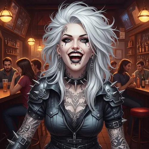 Fantasy Goth-Punk Woman Laughing in Lively Bar Scene