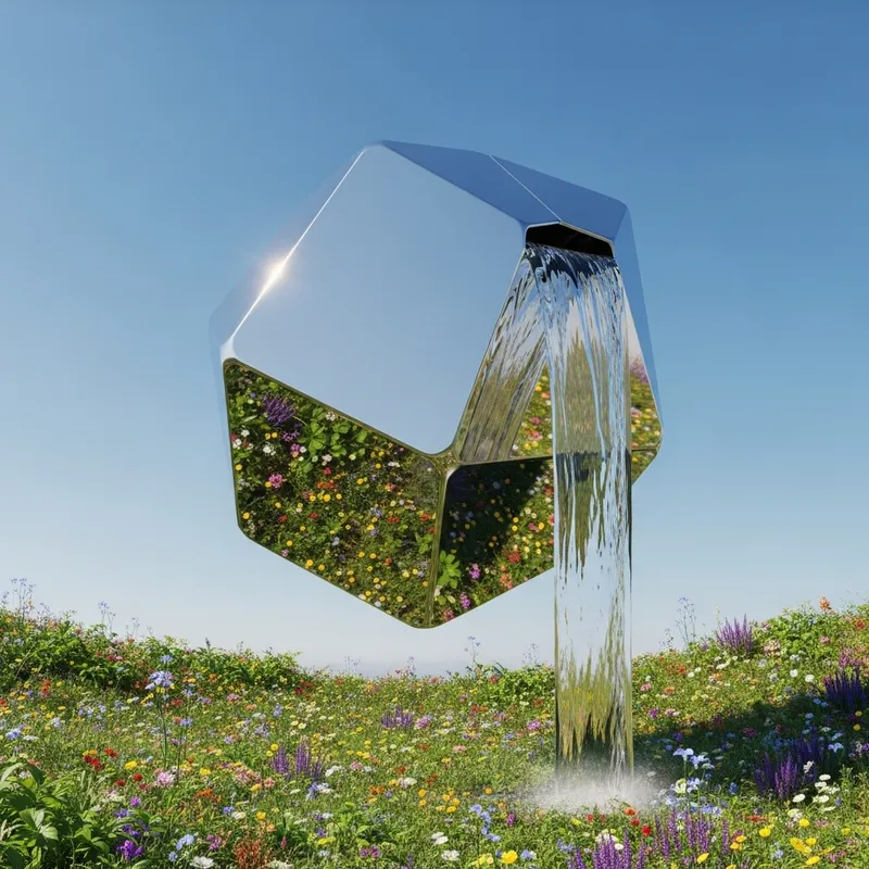 Shining Metallic Geometric Object with Cascading Water