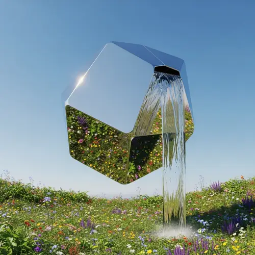 Metallic Geometric Object with Cascading Water | Stunning Landscape