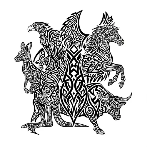 Intricate Tribal Tattoo Art with Kangaroo, Horse, Eagle & Bull