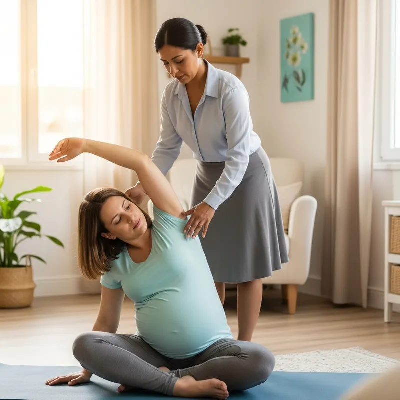 Hispanic Doula Supporting Pregnant Woman in Peaceful Yoga Session