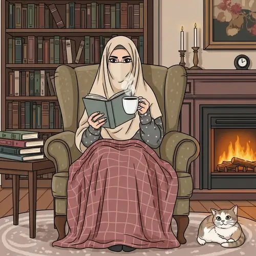 Muslim Woman Relaxing with Book and Coffee in Cozy Setting