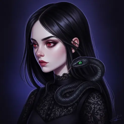 Gothic Fantasy Digital Painting of Young Girl with Black Hair and Red Eyes