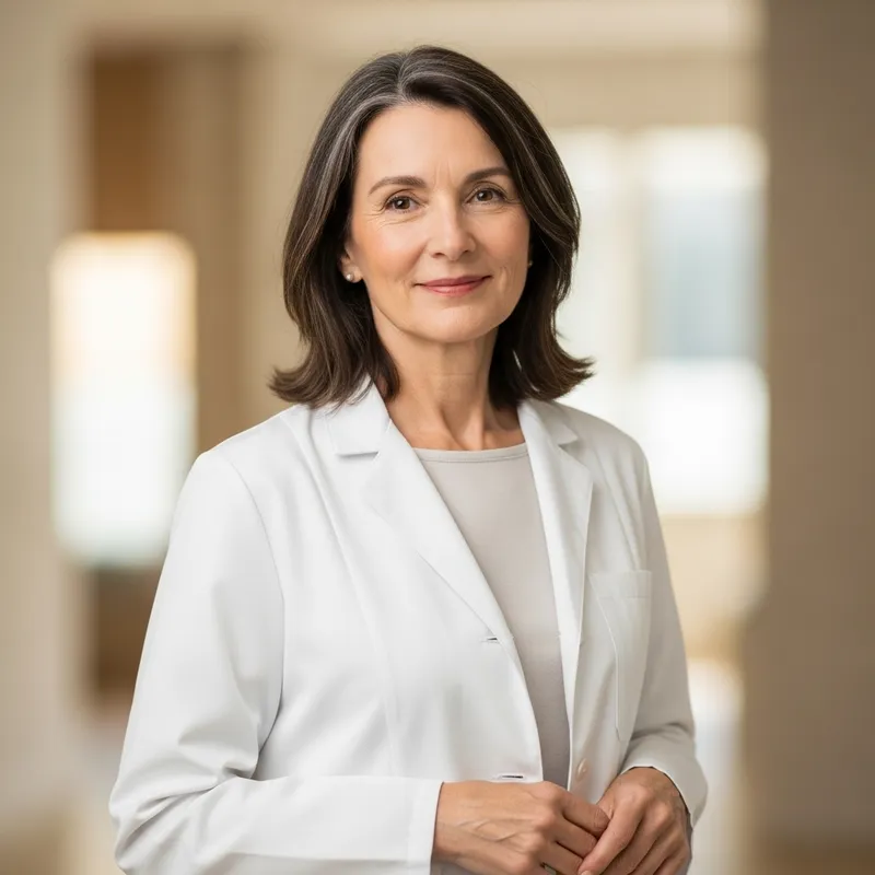 Elegant Mature Brunette Woman in White Coat Standing Tall and Smiling Elegant Mature Brunette Woman in White Coat Standing Tall and Smiling