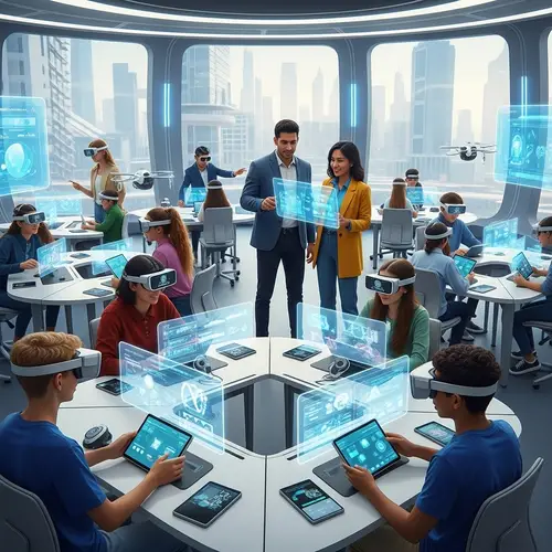 Diverse Teenage Students Engaged in Studies with Advanced AI | Futuristic Classroom