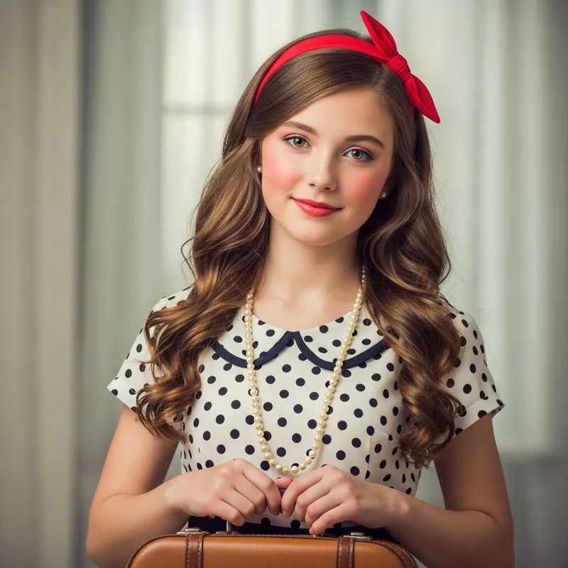 Vintage Style Girl Ready for Journey | 1920s Charm - Young Woman in Polka-dot Dress