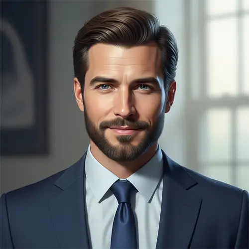 Captivating Caucasian Man in Navy-Blue Tailored Suit